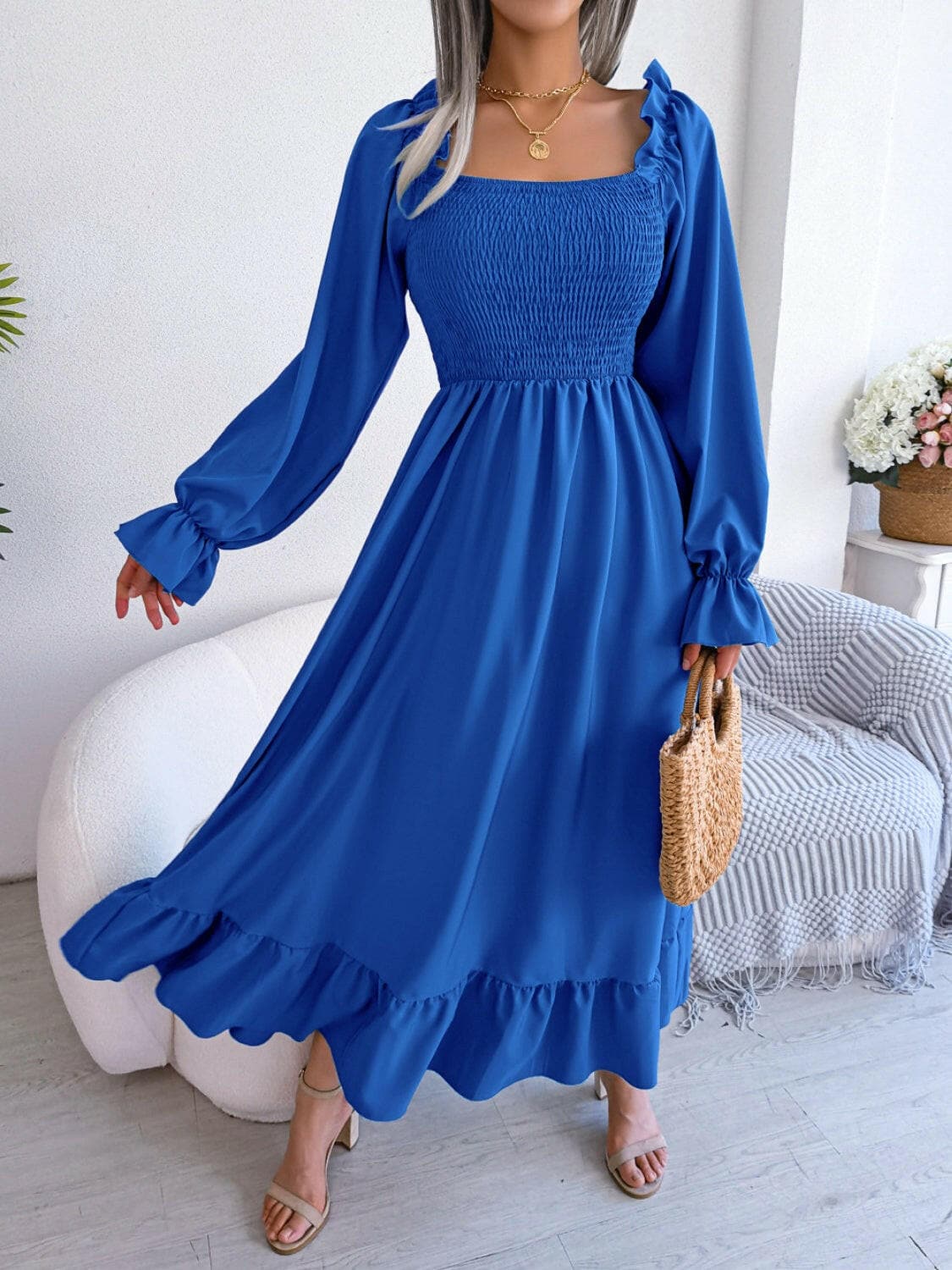 Smocked Square Neck Flounce Sleeve Dress.