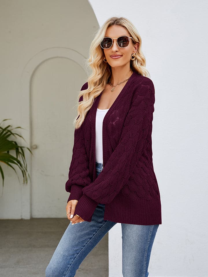 Openwork Open Front Lantern Sleeve Cardigan.