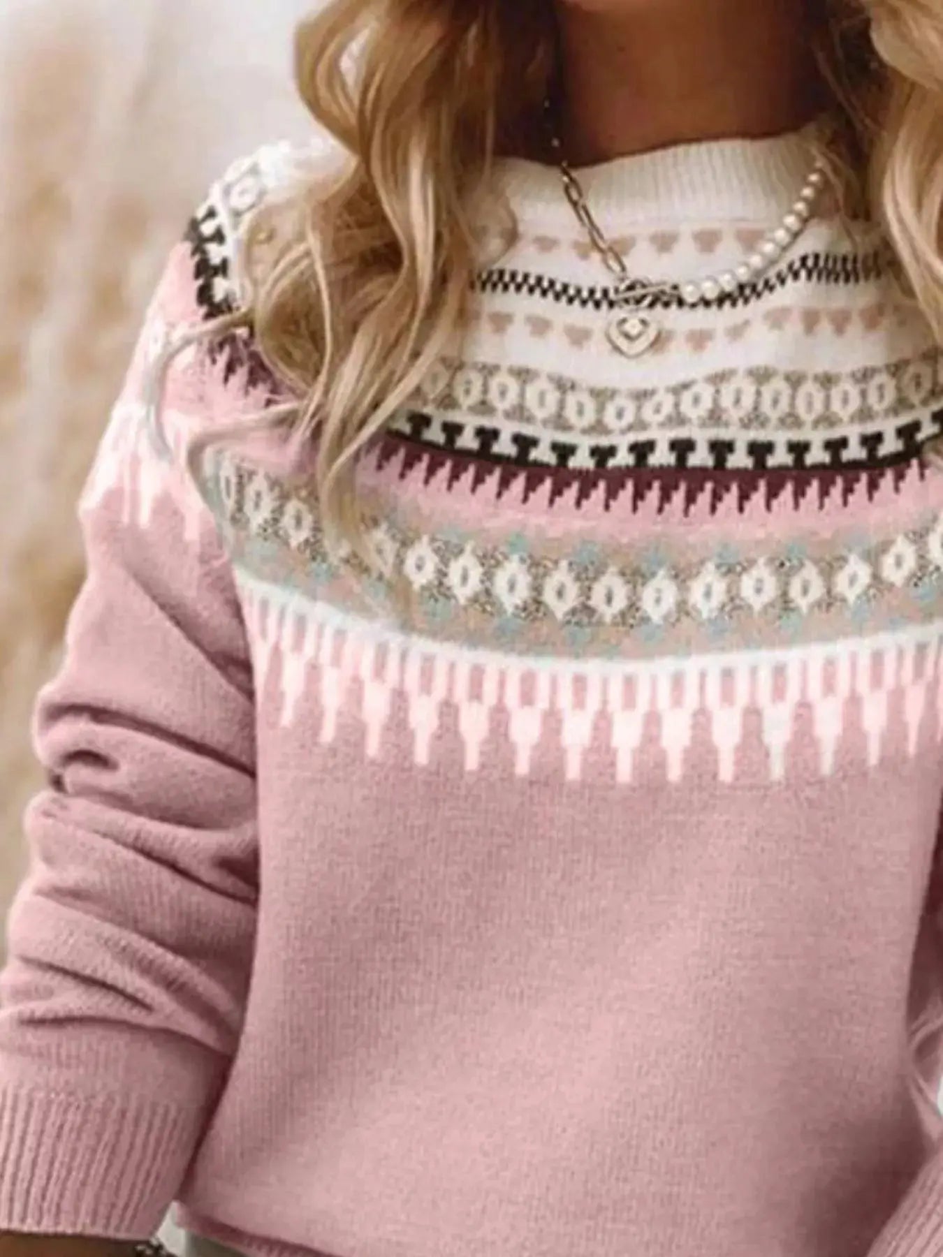 Full Size Vintage Patterned Round Neck Sweater Plus Size Simply Love
