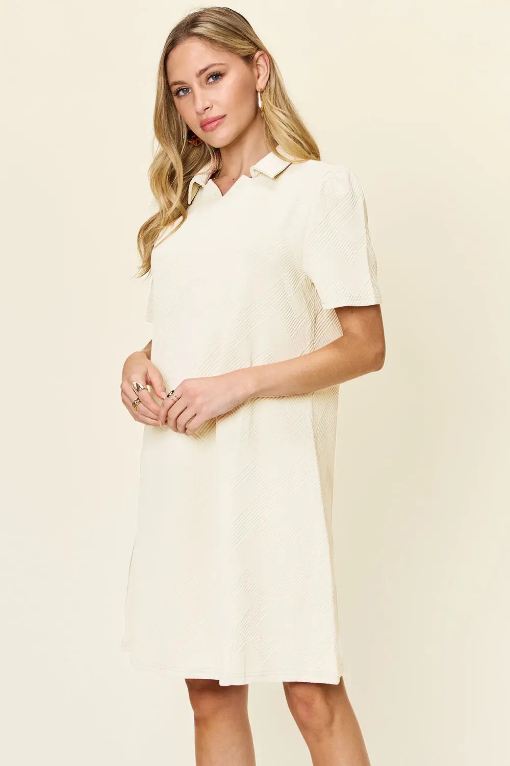 Double Take Full Size Texture Collared Neck Short Sleeve Dress - Love Salve