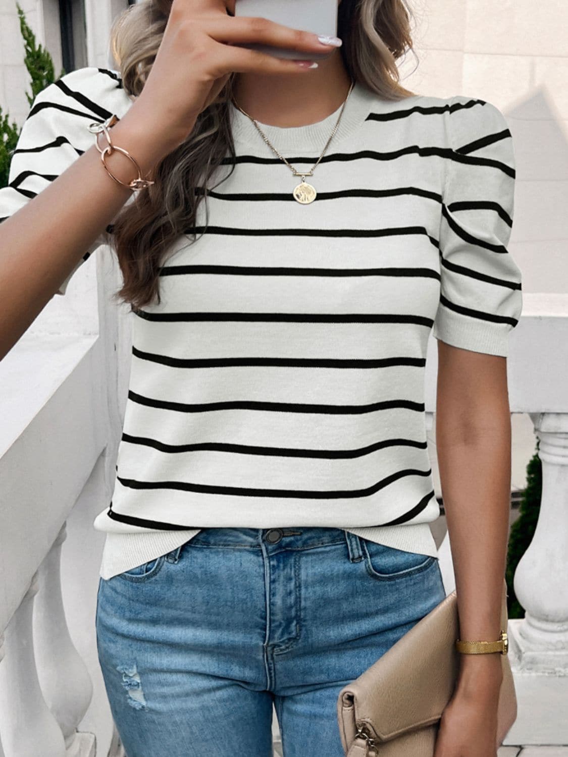 Striped Round Neck Puff Sleeve Knit Top.