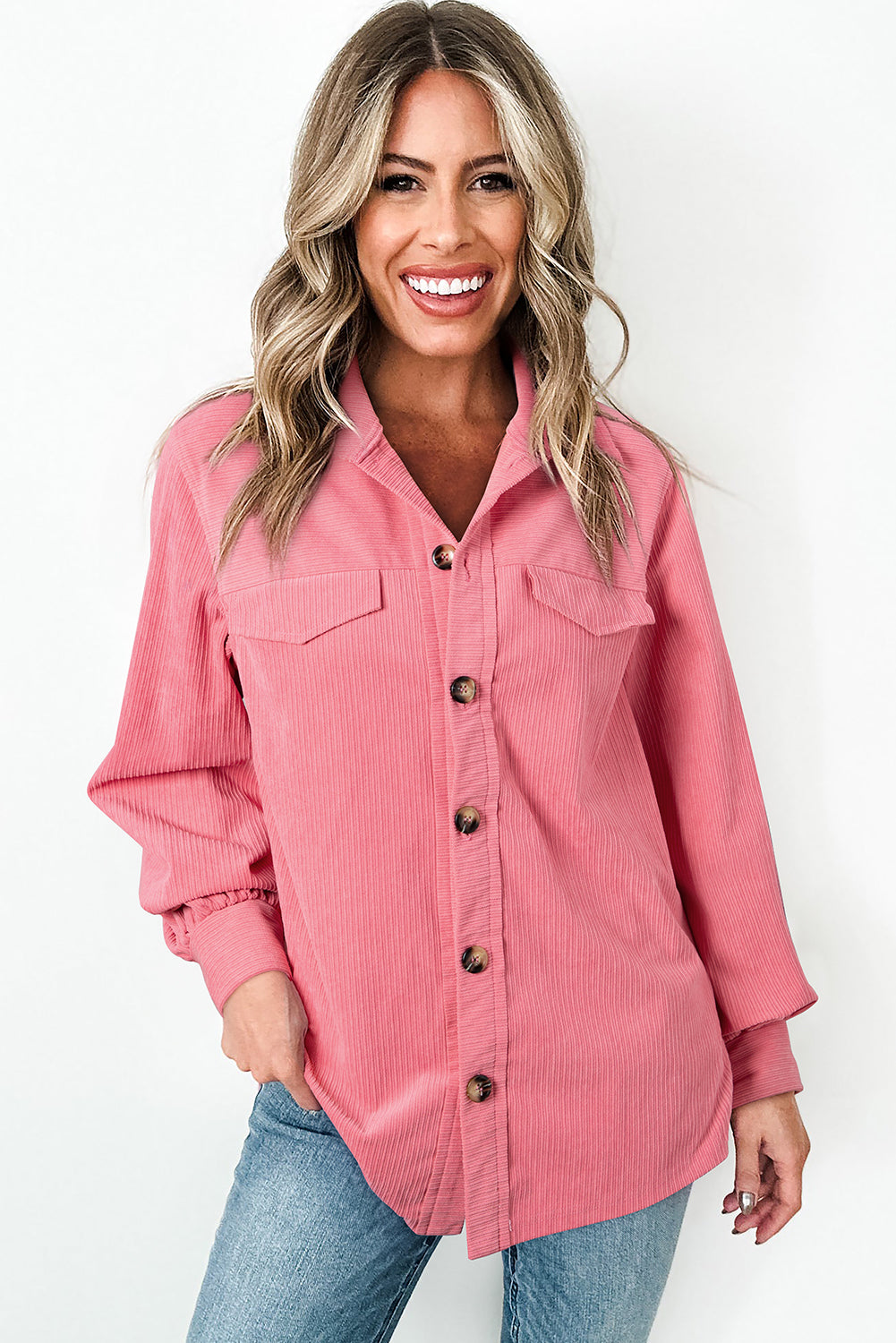 Chic corduroy flap detail button-up shacket for effortless style