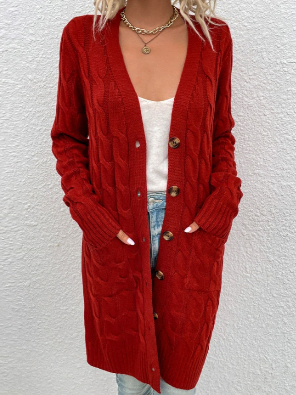 Cable-Knit Button Down Cardigan with Pockets.