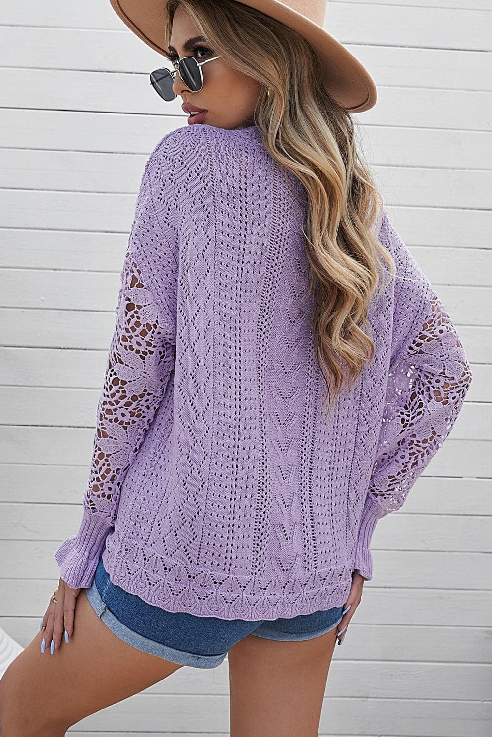 Openwork Lantern Sleeve Dropped Shoulder Sweater.