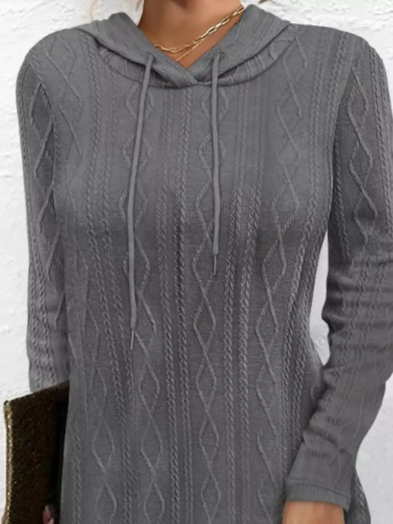 Casual Long Sleeve Hooded Cable Knit Dress With Drawstring Slit Simply Love
