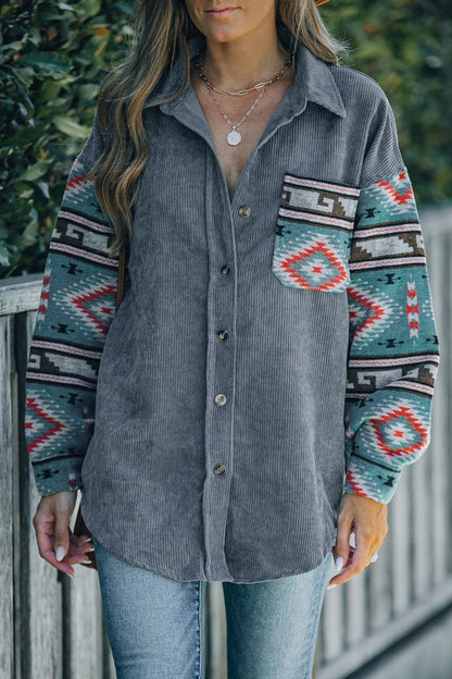 Geometric Button Up Dropped Shoulder Jacket.