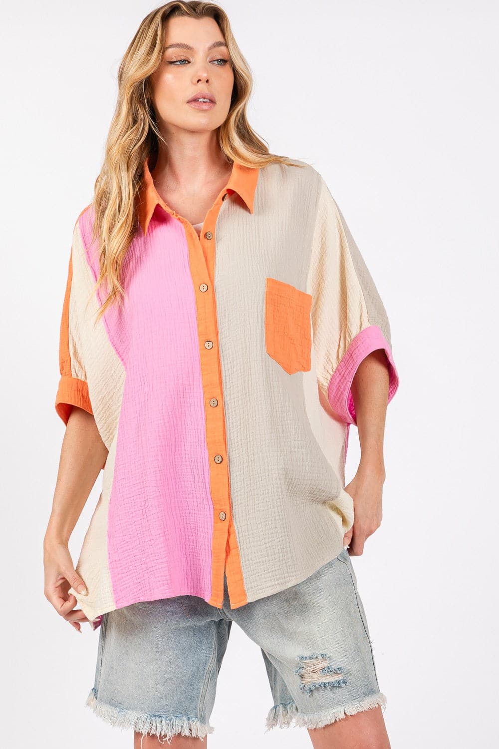 SAGE + FIG Full Size Color Block Button-Down Shirt.