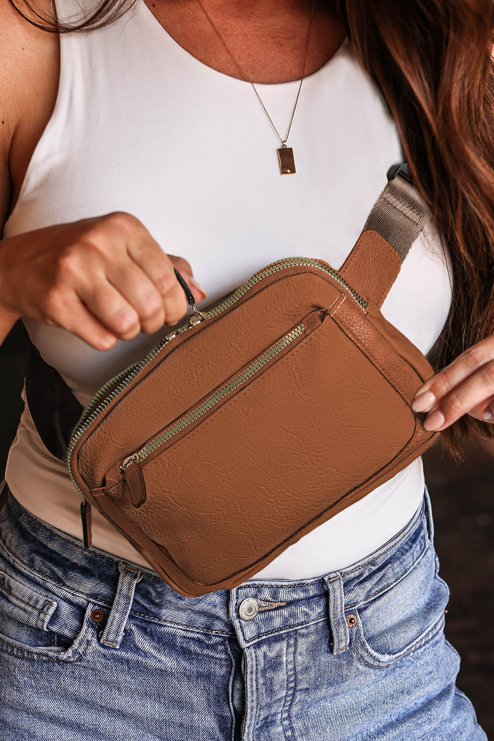 Sleek camel multi-zip crossbody bag for everyday adventures