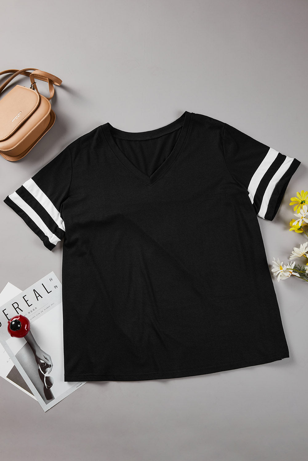 Chic black plus size V-neck tee with striped sleeves