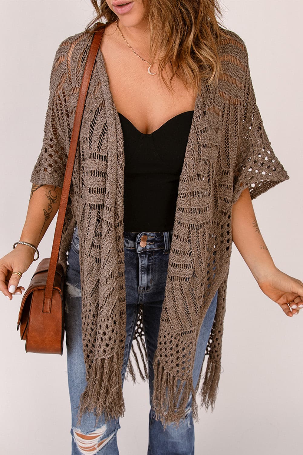 Fringe Hem Slit Open Front Cardigan.