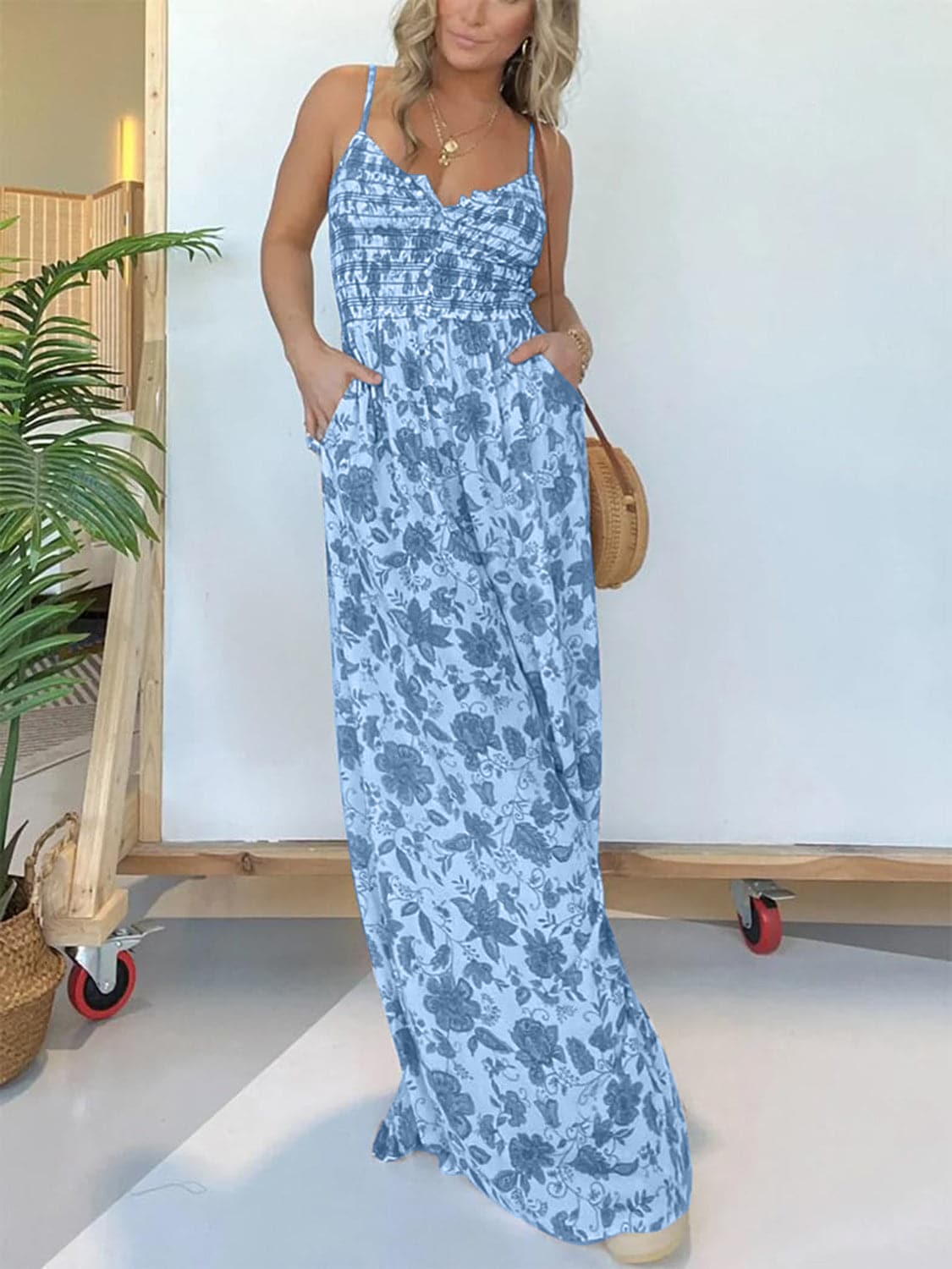 Full Size Printed Spaghetti Strap Wide Leg Jumpsuit.