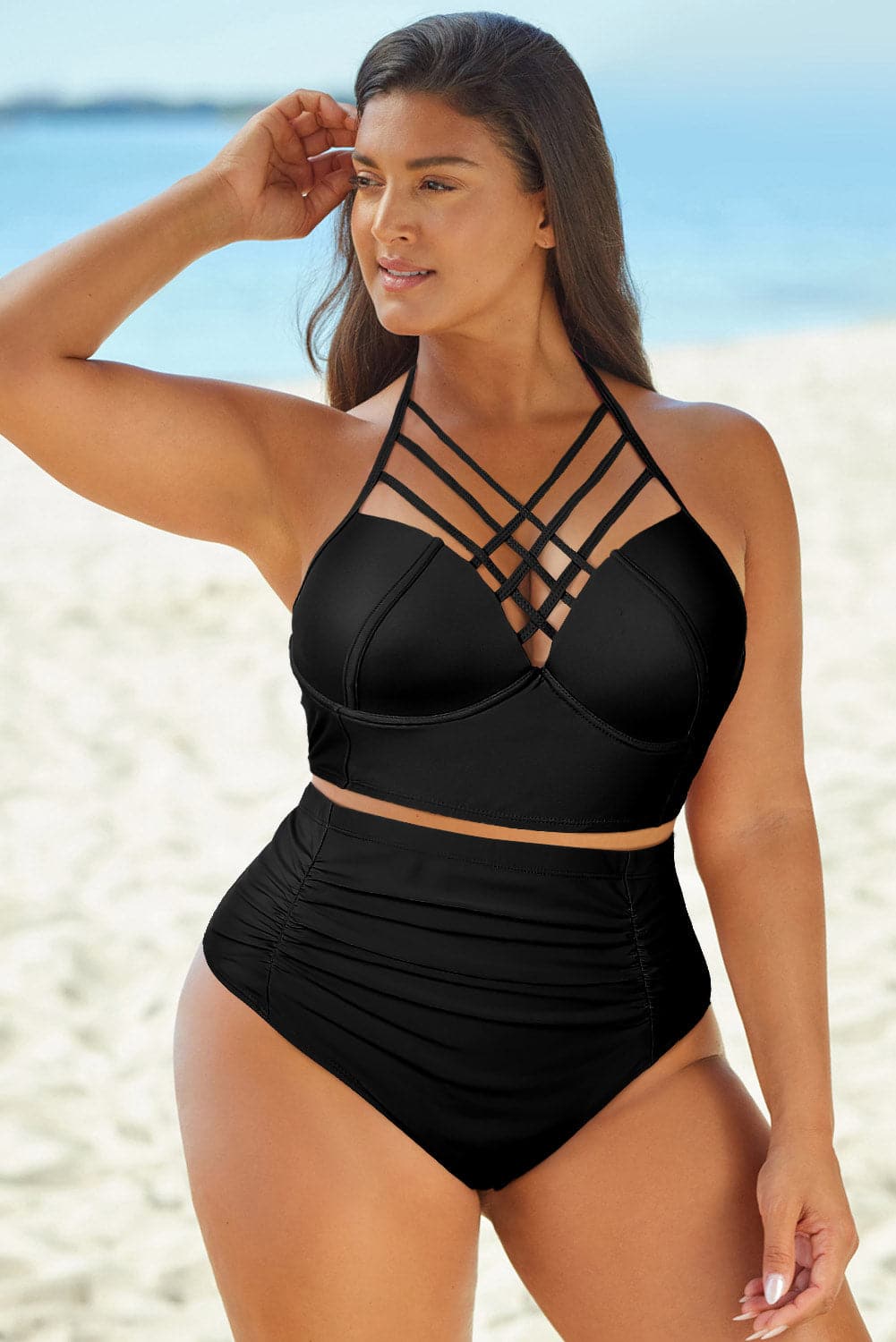 Full Size Halter Neck Crisscross Ruched Two-Piece Swimsuit.