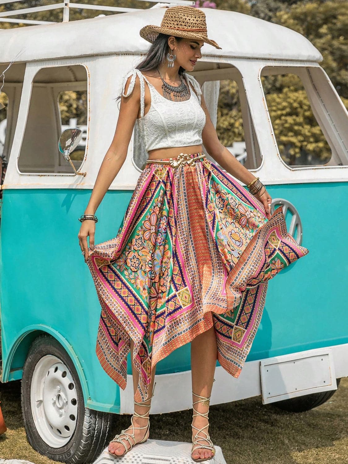 Printed High Waist Handkerchief Hem Skirt.