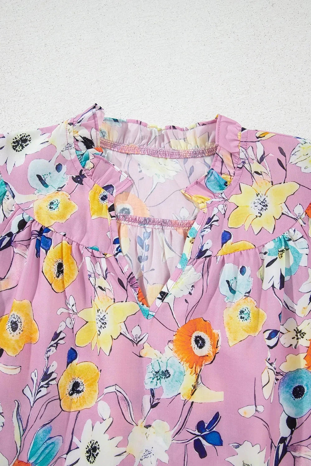 Printed Notched Double Layered Ruffle Sleeve Blouse Simply Love