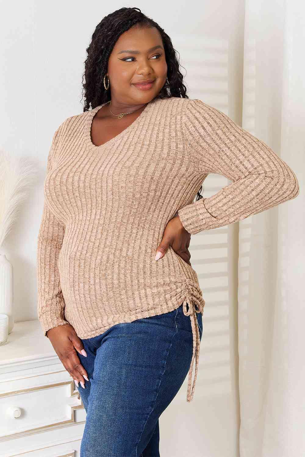 Double Take Drawstring Ribbed Long Sleeve T-Shirt - Love Salve