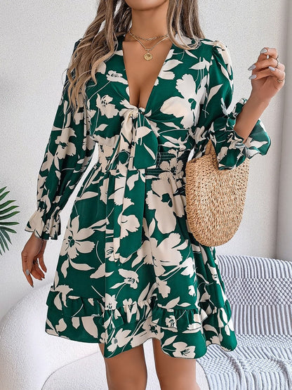 Tied Ruffled Printed Long Sleeve Dress.