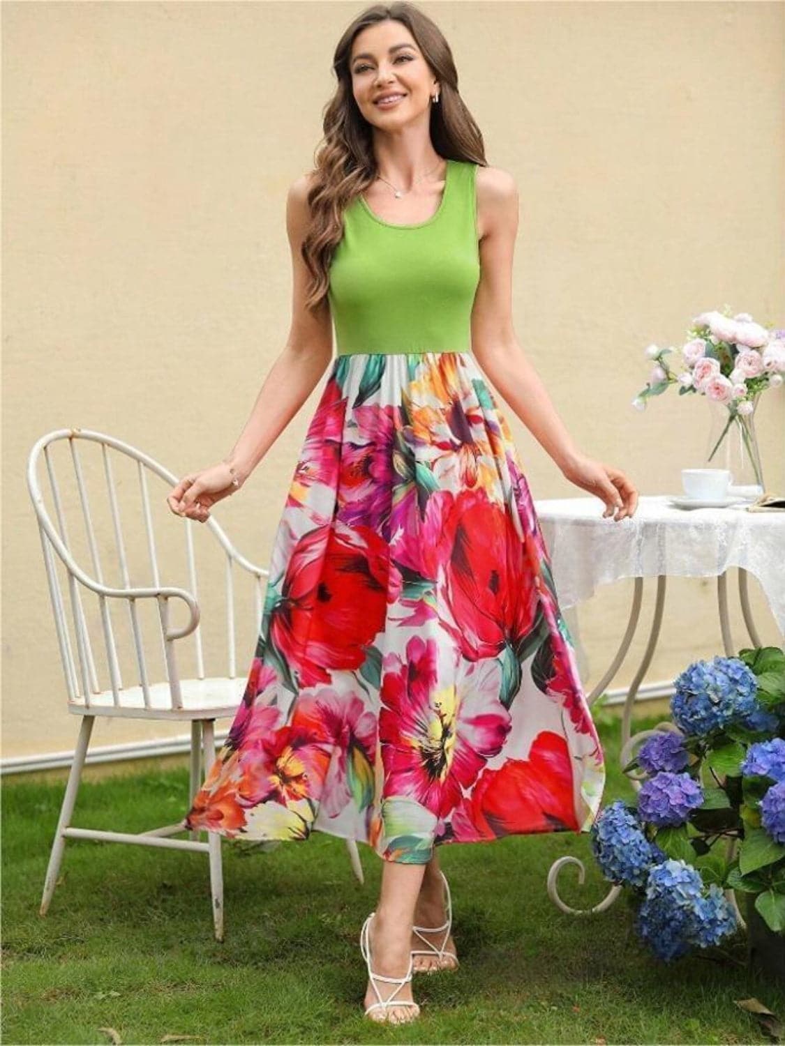 Printed Round Neck Sleeveless Dress.