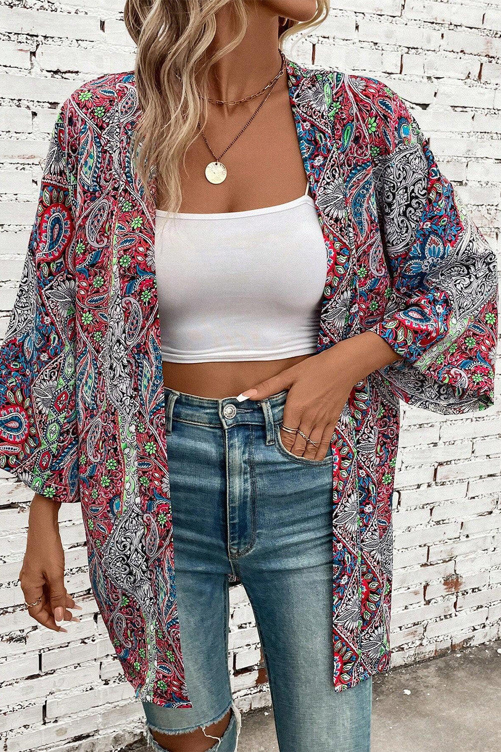 Chic red paisley kimono for effortless layering