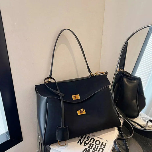 Black PU Leather Flap Crossbody Bag Medium Size With Gold Hardware Simply Love