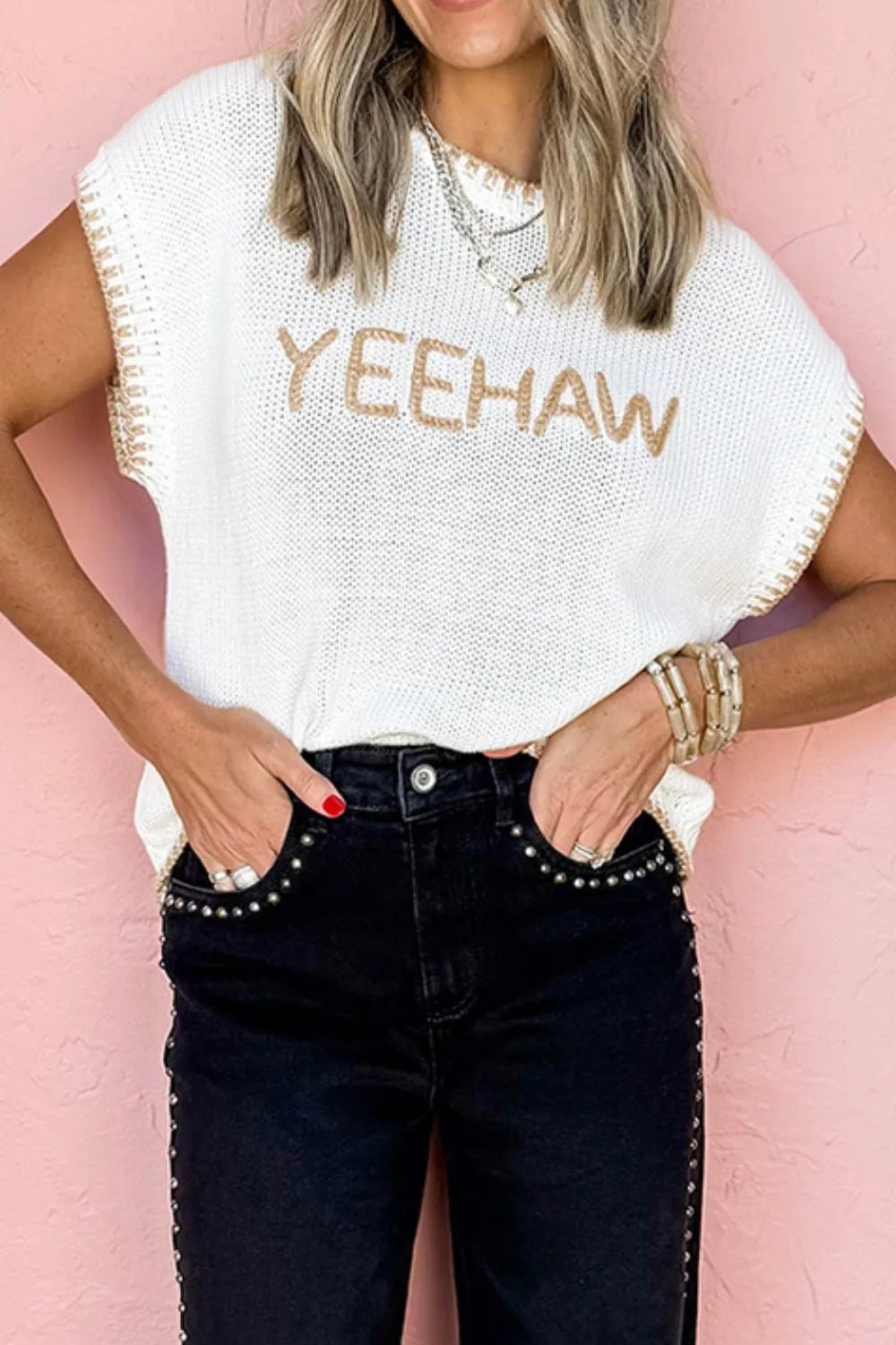YEEHAW Stitch Edge Crew Neck Knit Top