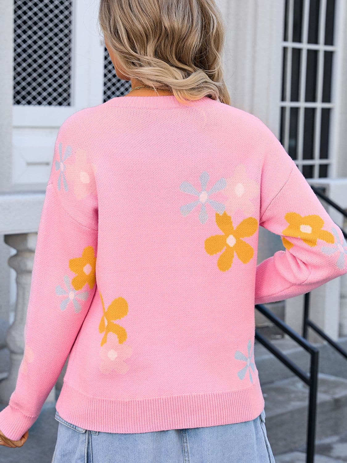 Floral print dropped shoulder sweater with round neck