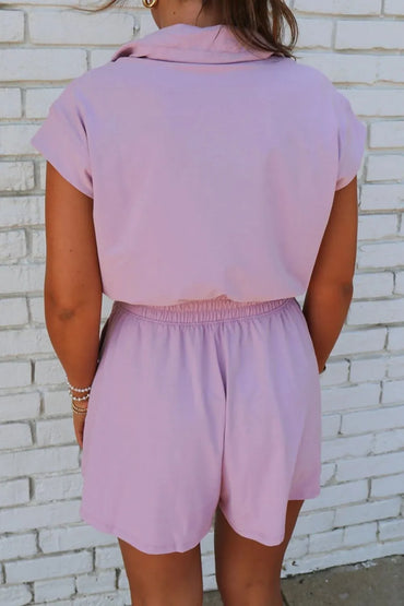 Short Sleeve Zipper Collared Elastic High Waist Romper