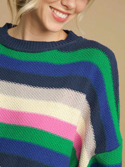 Contrast Striped Round Neck Long Sleeve Sweater