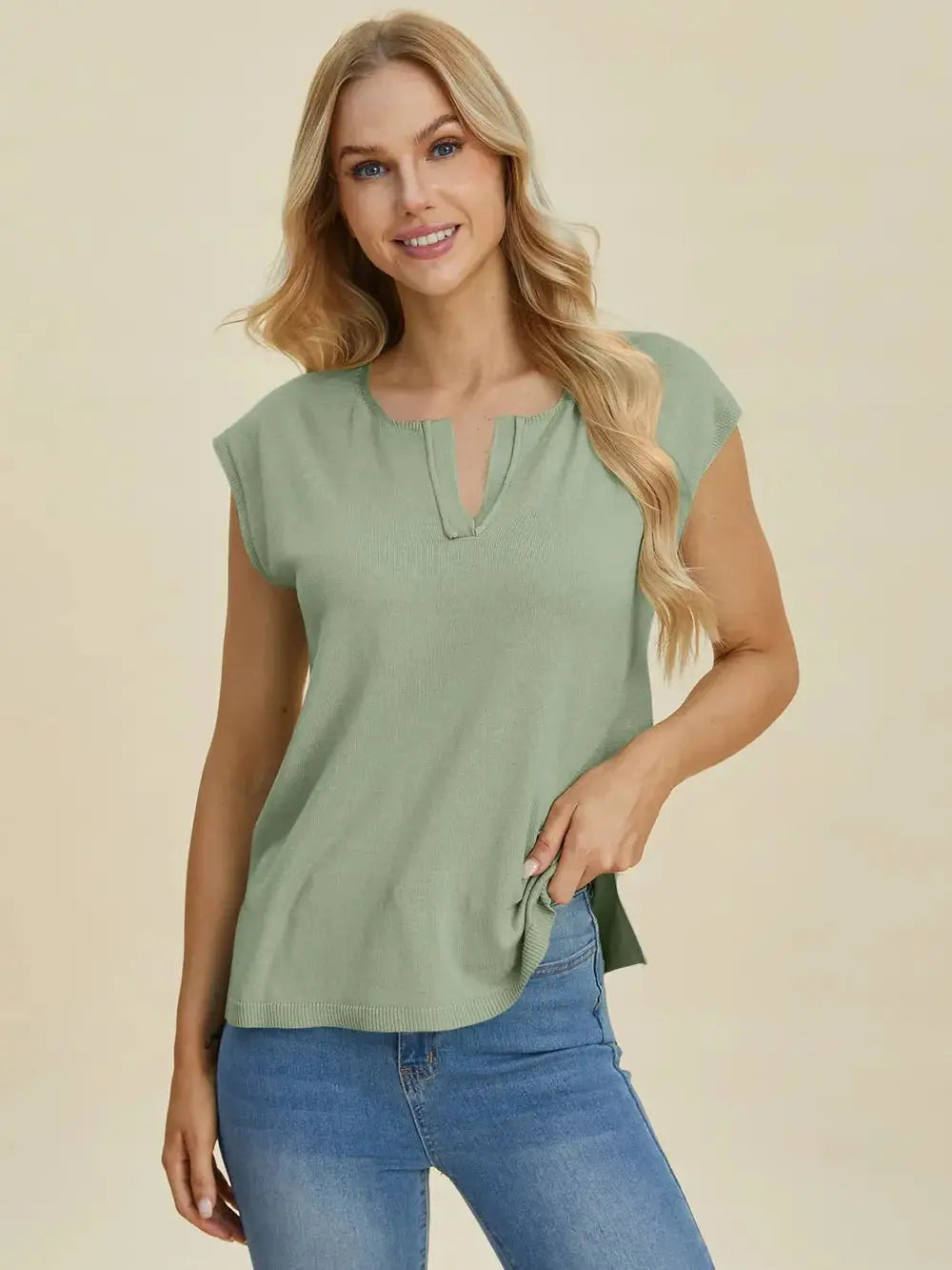 Double Take Full Size Notched Cap Sleeve Knit Top - Love Salve