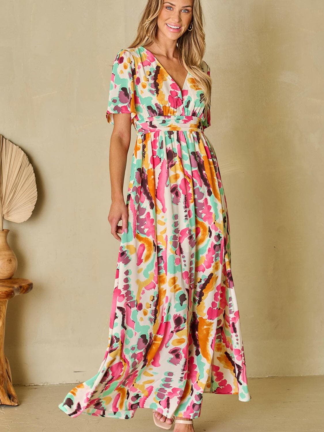 Slit Printed Surplice Short Sleeve Maxi Dress.