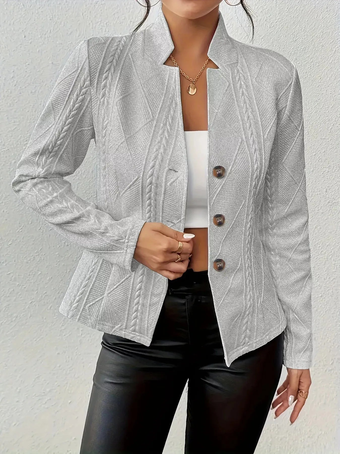 White Textured Knit Button Front Blazer Polyester For Women Simply Love