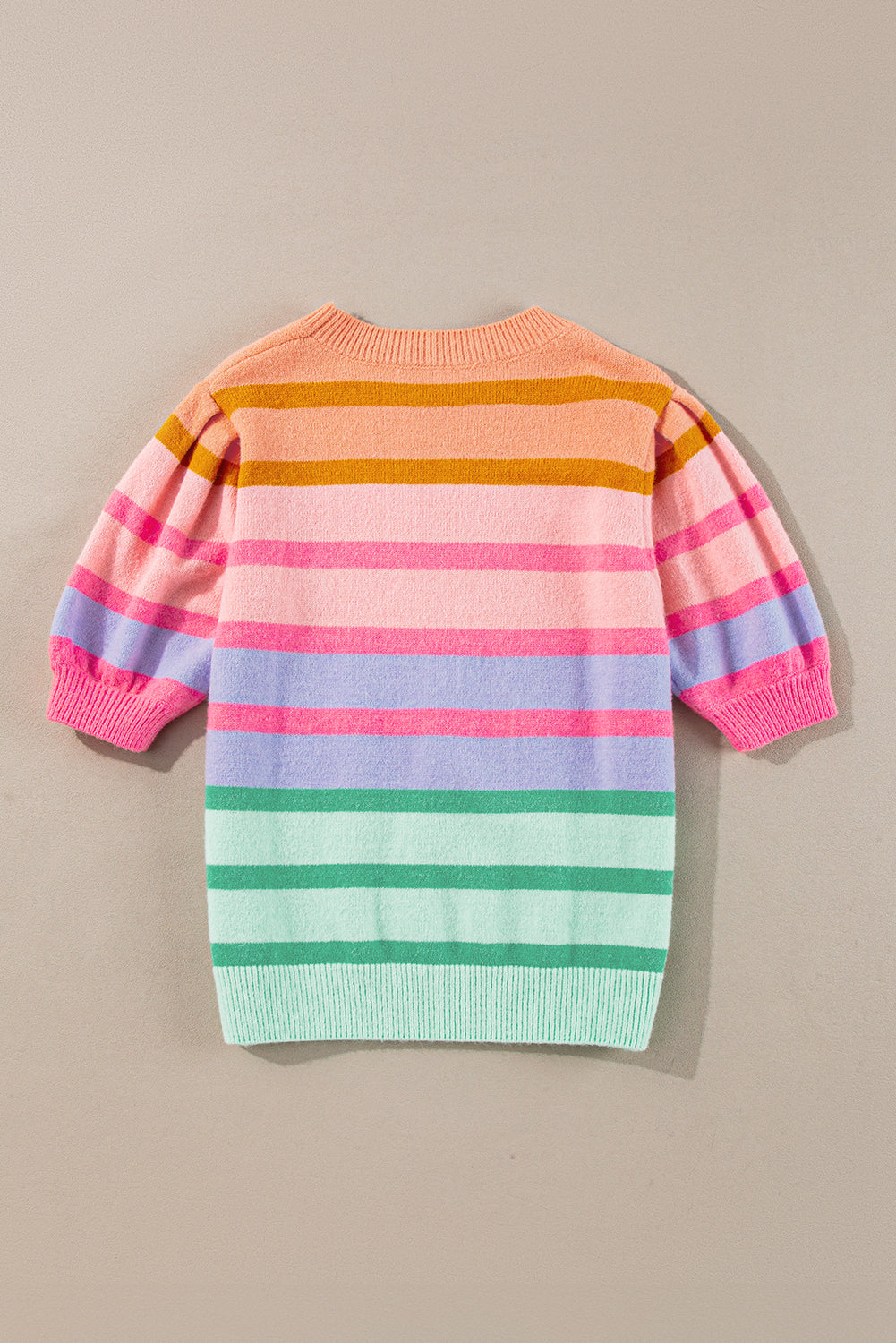 Vibrant Rose Red Striped Bubble Sleeve Sweater