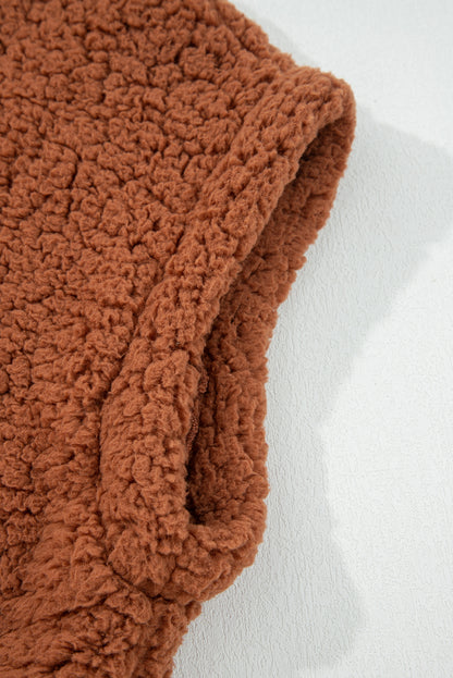 Premium Cinnamon Faux Fur Vest Snap Button Front Knot Side Pockets