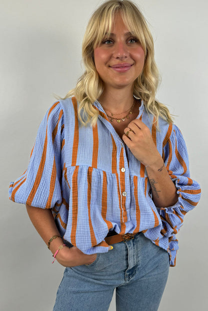 Sky Blue Stripe Crinckled Ruffled Sleeve Button up Loose Shirt