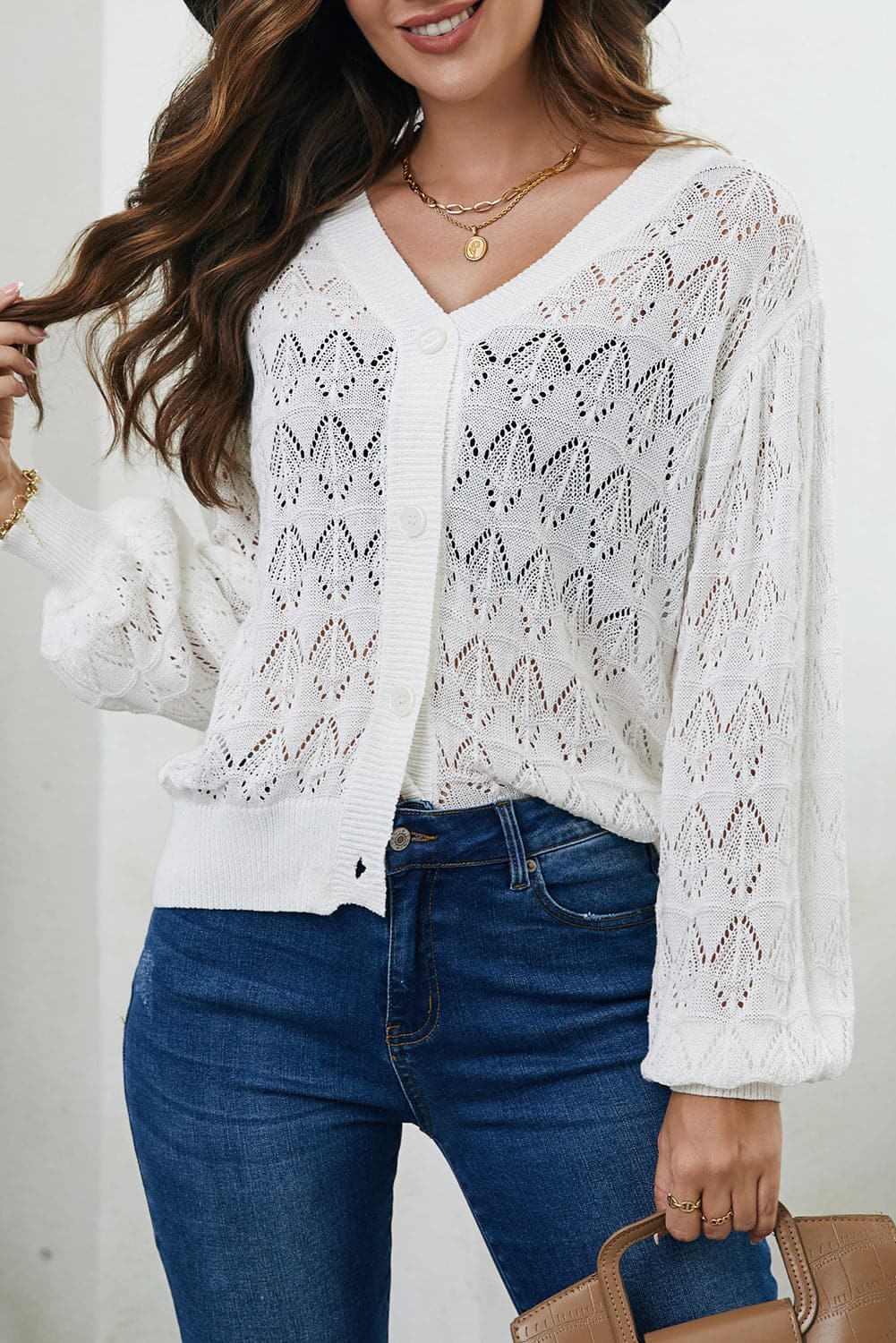 Openwork V-Neck Cardigan.