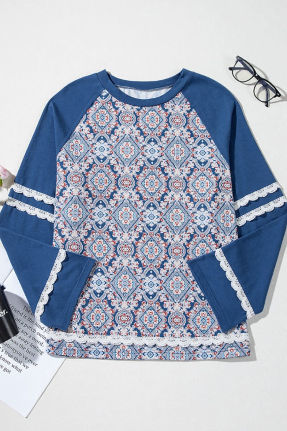 Lace-Trimmed Geometric Print Long Sleeve Blouse