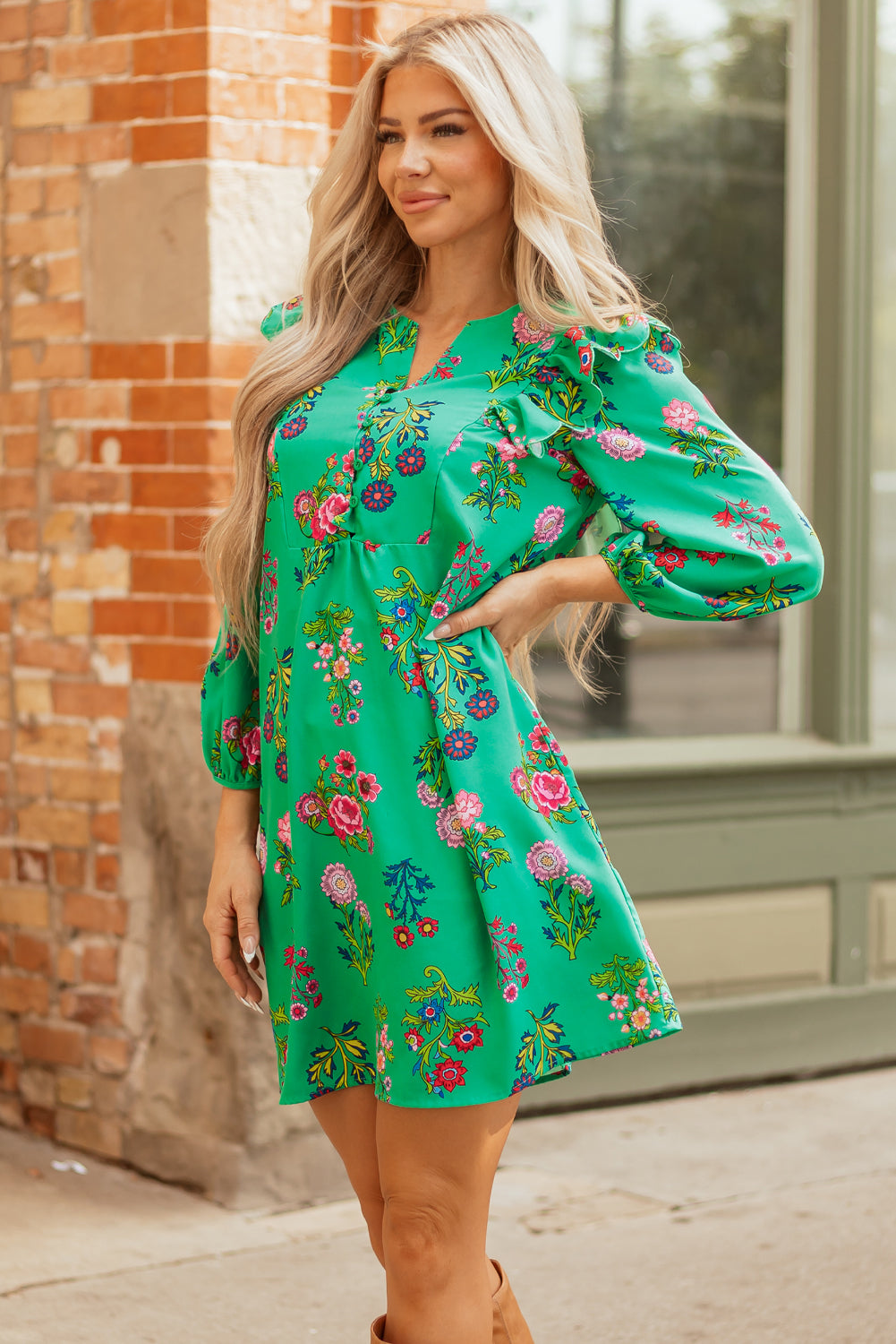 Premium Green Floral Ruffled Three Quarter Sleeve Buttoned Dress Dear-Lover Dropshipping
