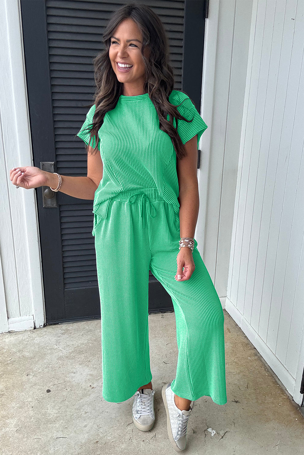 Bright Green Solid Corded Knit Short Sleeve T Shirt Set