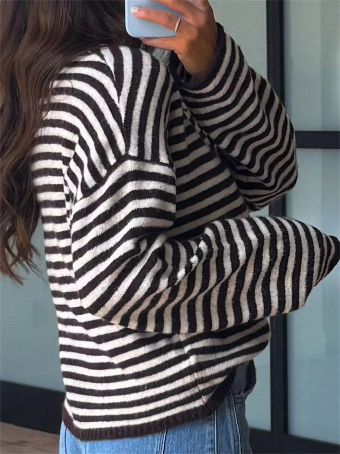Button Detail Dropped Shoulder Striped Sweater Simply Love