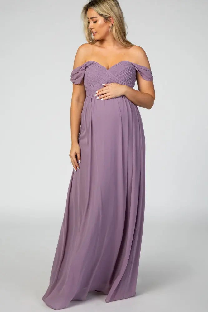 PinkBlush Lavender Off Shoulder Chiffon Maxi Maternity Dress PinkBlush