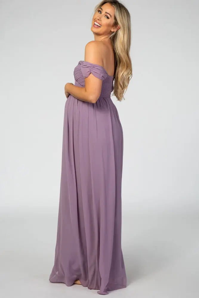 PinkBlush Lavender Off Shoulder Chiffon Maxi Maternity Dress PinkBlush