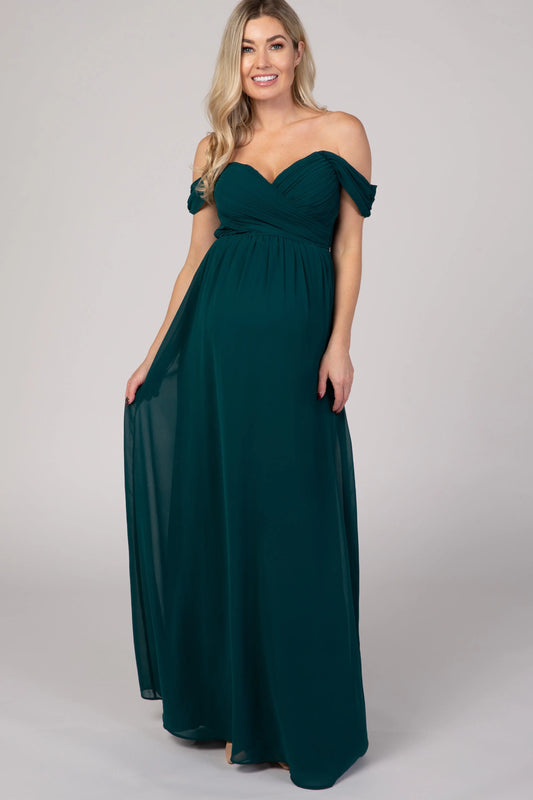 PinkBlush Forest Green Off Shoulder Chiffon Maxi Maternity Dress PinkBlush