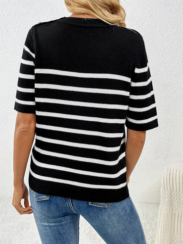 Striped Round Neck Half Sleeve Knit Top.