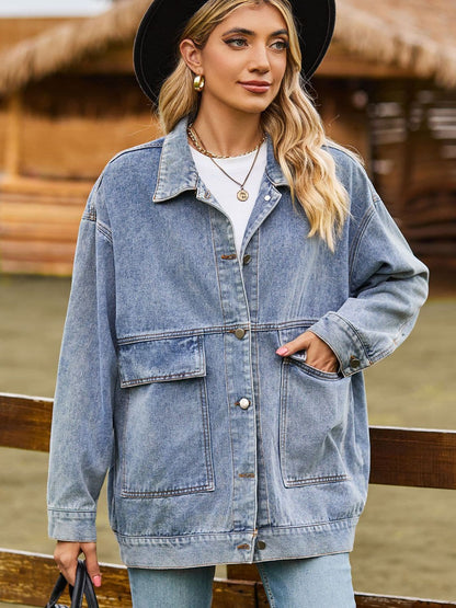 Dropped Shoulder Denim Jacket with Pockets.