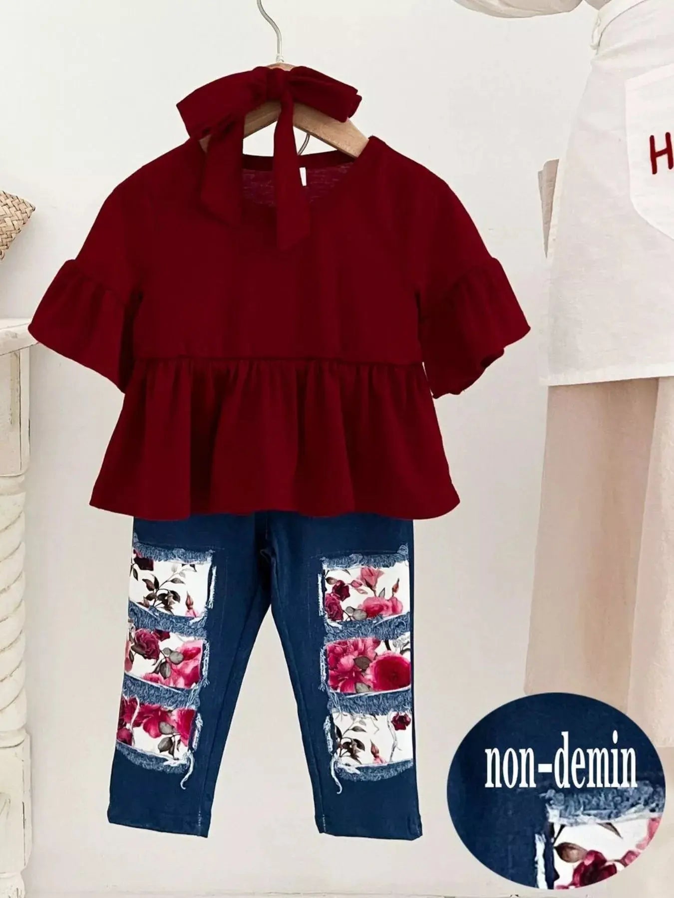 Children's Ruffle Sleeve Top & Floral Patch Pants Set Simply Love