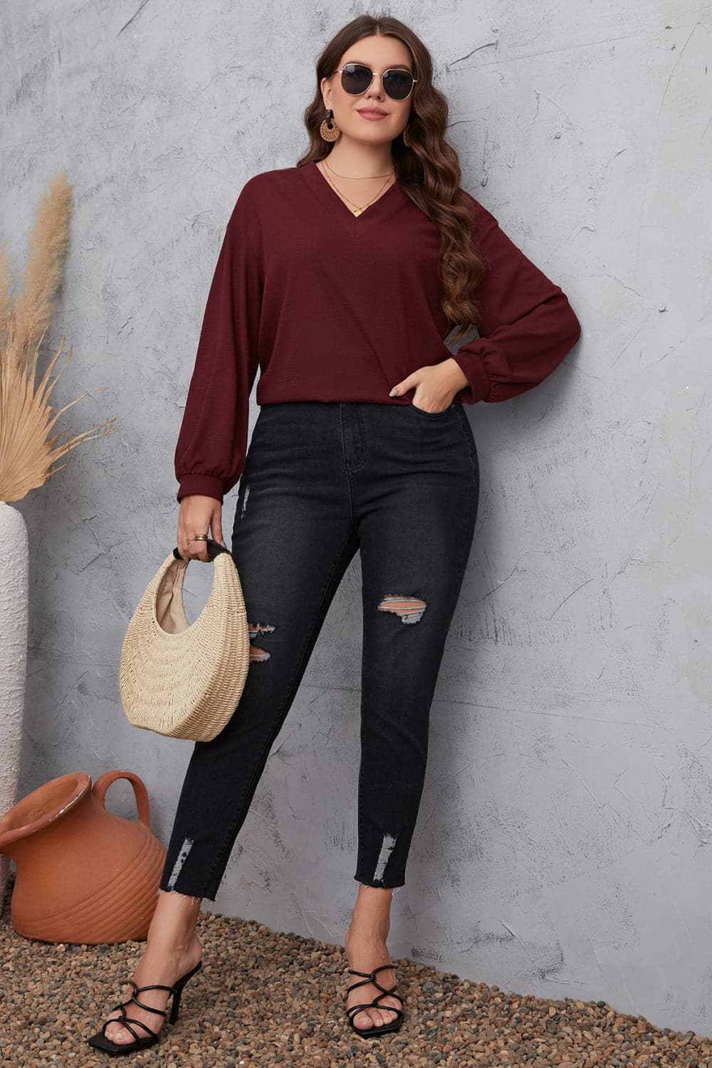 Melo Apparel Plus Size V-Neck Dropped Shoulder Blouse.