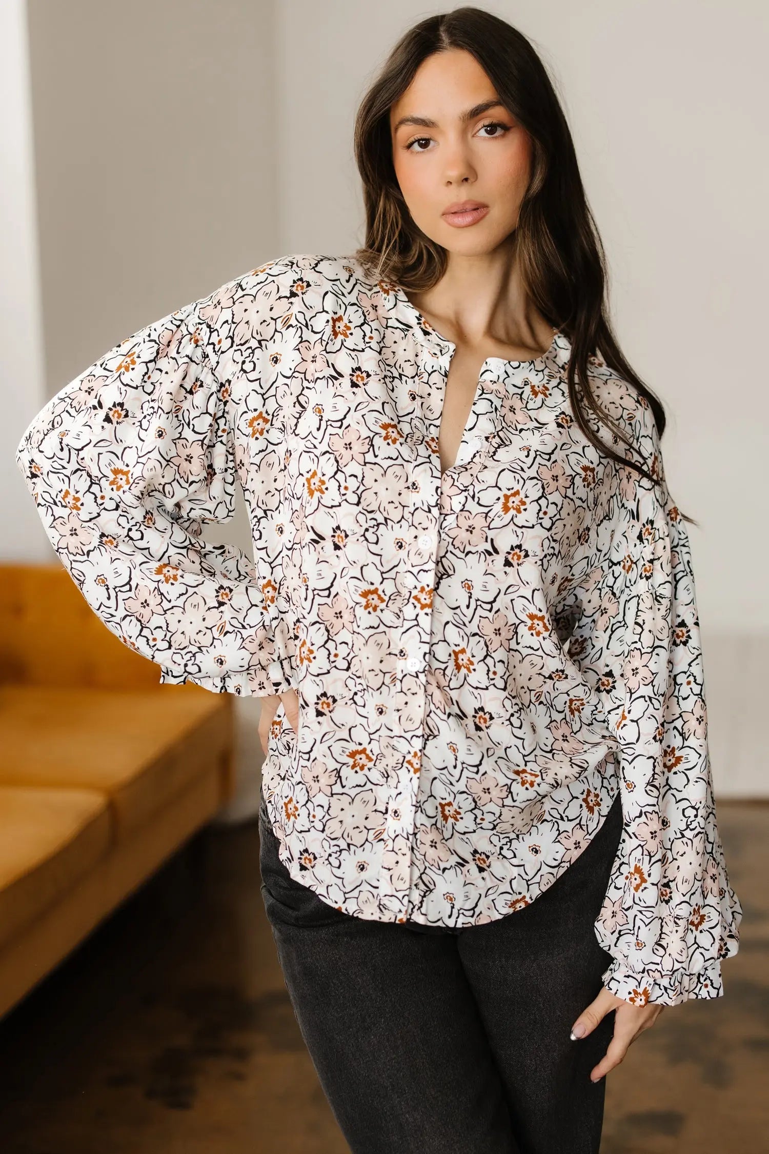 Khaki Floral Print Frilled Puff Sleeve Button Down Shirt For Women Dear-Lover Dropshipping
