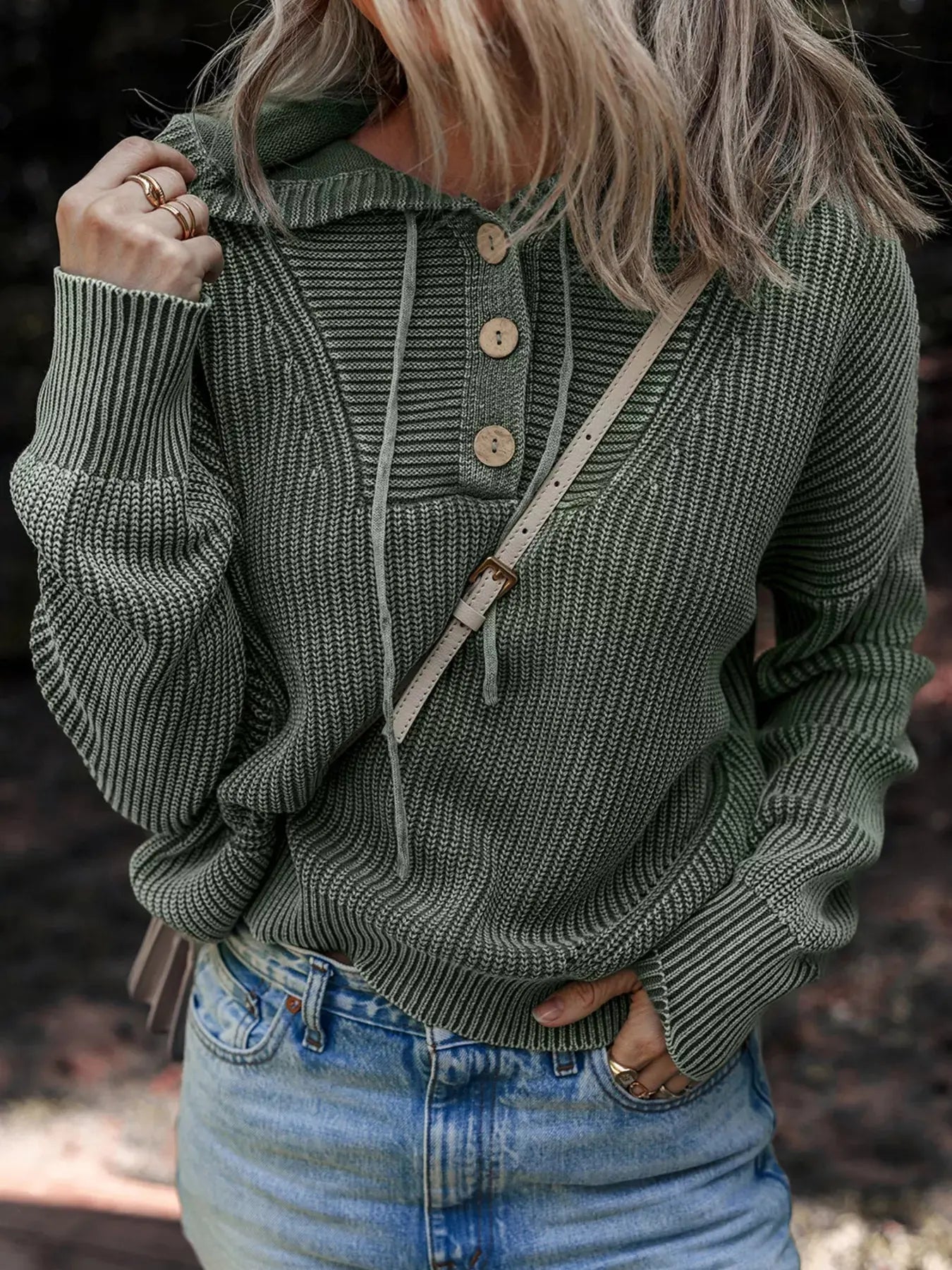 Mineral Wash Ribbed Knit Button Drawstring Neck Hooded Sweater Simply Love