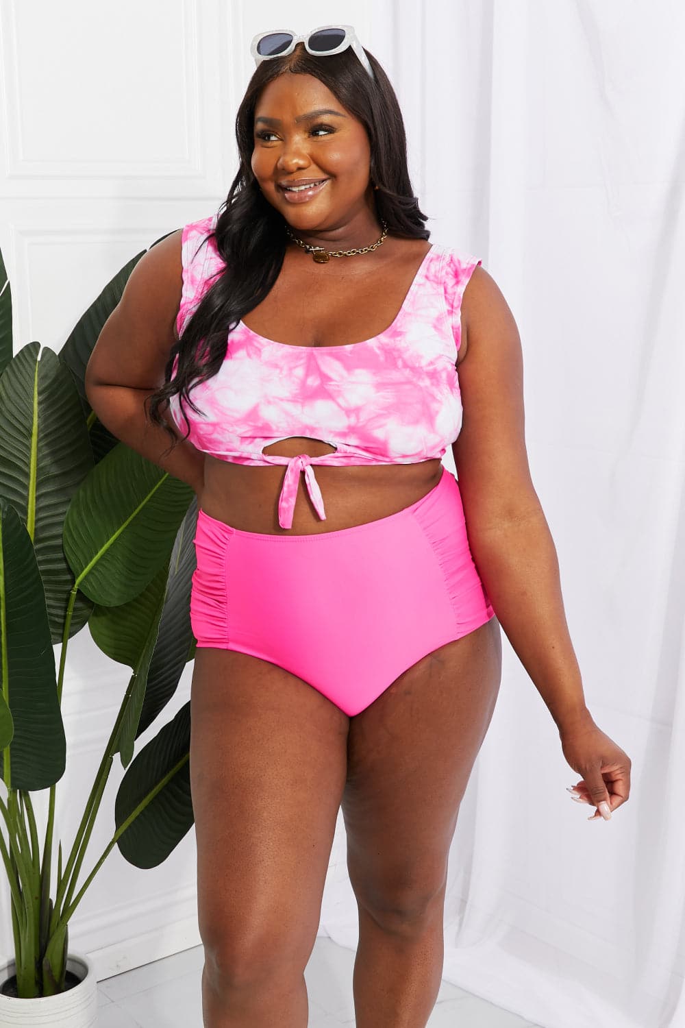 Marina West Swim Sanibel Crop Swim Top and Ruched Bottoms Set in Pink.