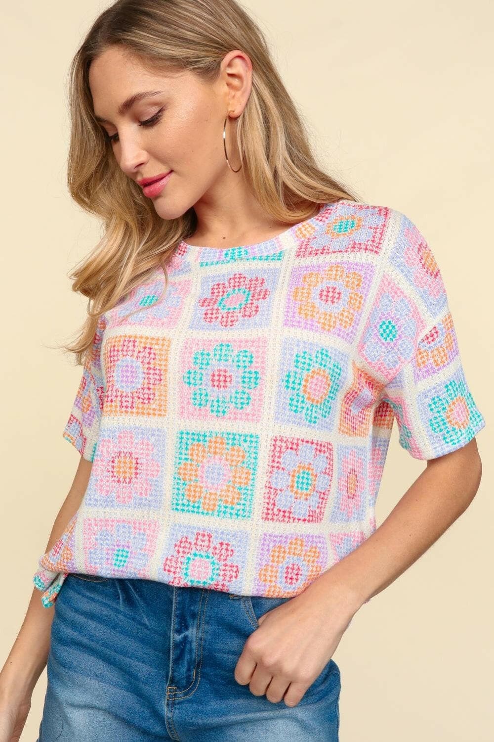 Haptics Flower Print Round Neck Short Sleeve T-Shirt.