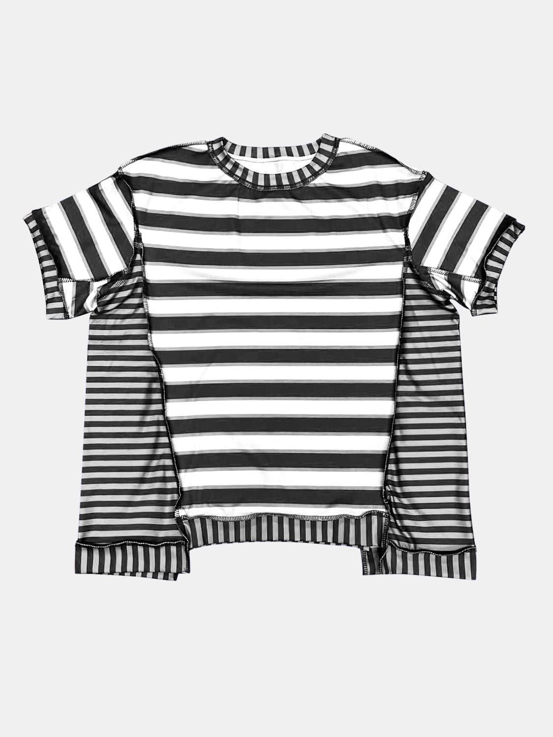 Full Size Contrast Stitching Striped Round Neck T-Shirt.